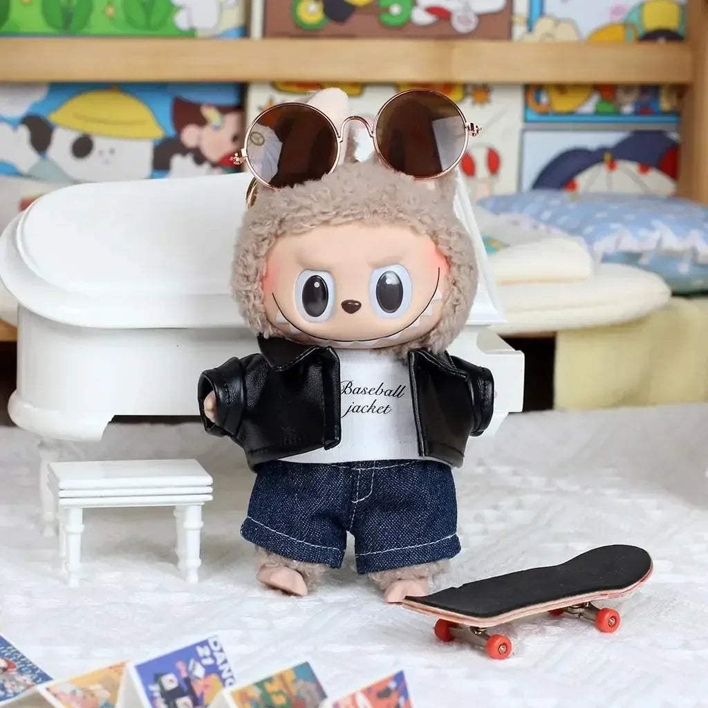 17cm Mini Plush Doll Outfit — K-Pop EXO Labubu Idol Accessories with Flower Shirt, Leather Jacket & Skirt for Gift