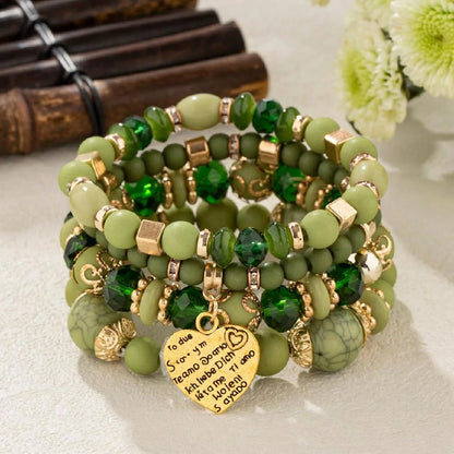 Bohemian Acrylic Beaded Bracelet Set – Solid Heart Charm Elastic Bangles for Women & Men, Retro Daily Wear Jewelry Gift