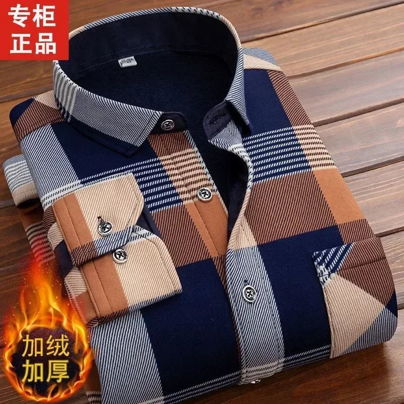 Men's Winter Plaid Flannel Shirt - Thick Fleece-Lined Long Sleeve Warm Casual Dress Shirt
