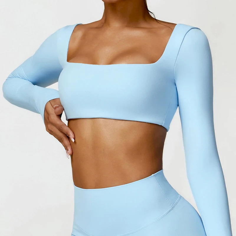 Hearuisavy Women’s Quick-Dry Sports Crop Top - Square Neck Long Sleeve Gym, Yoga, and Fitness Shirt