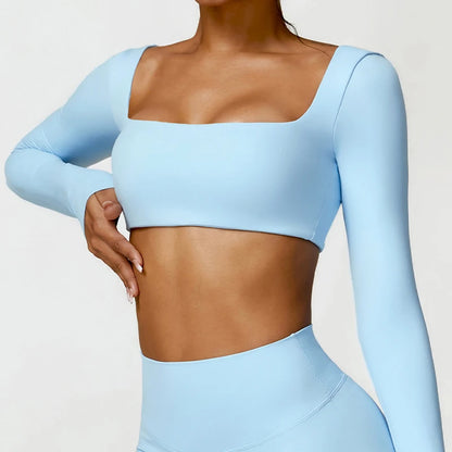 Hearuisavy Women’s Quick-Dry Sports Crop Top - Square Neck Long Sleeve Gym, Yoga, and Fitness Shirt