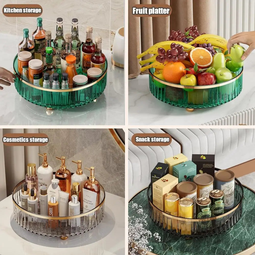 Round Plastic Clear Rotating Container Bins - For Cabinet, Pantry, Kitchen Countertop, and Refrigerator - Grey