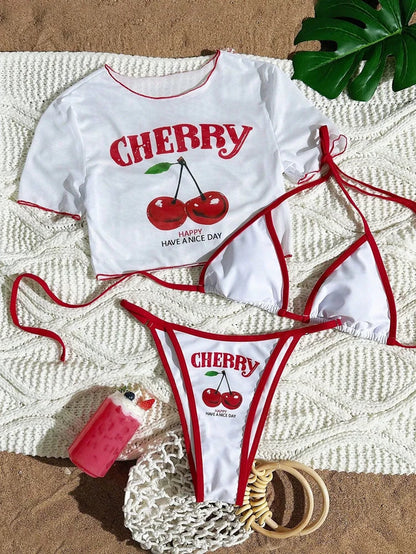 Cherry Print Bikini Set 2026 – Sexy 3-Piece Women’s Swimwear, Fresh Style Beach Bathing Suit, Available in 7 Colors (S–XL)