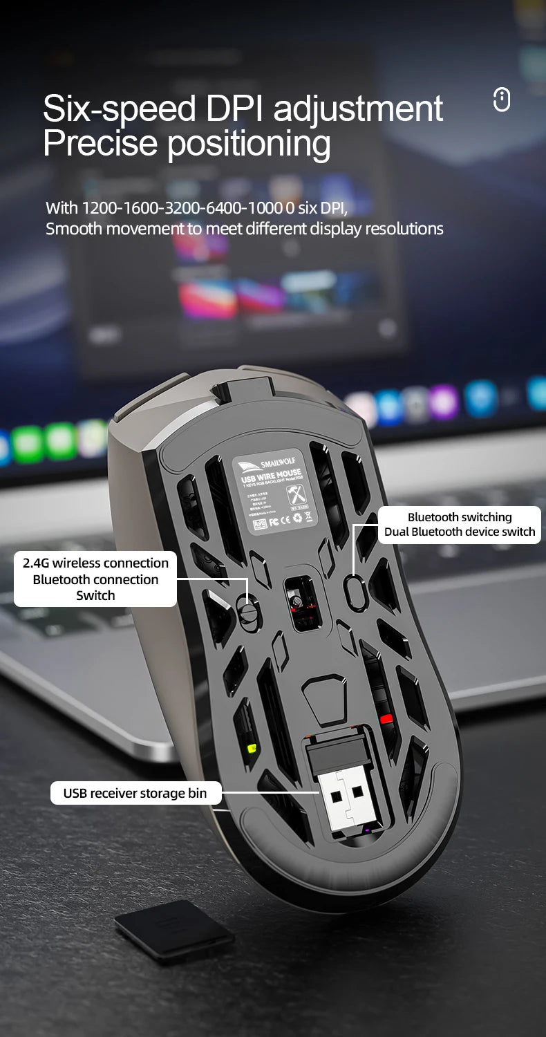 SmailWolf RS8 Wireless Gaming Mouse – Bluetooth & 2.4G, Lightweight E-Sports Mouse, 10,000 DPI, Triple Mode