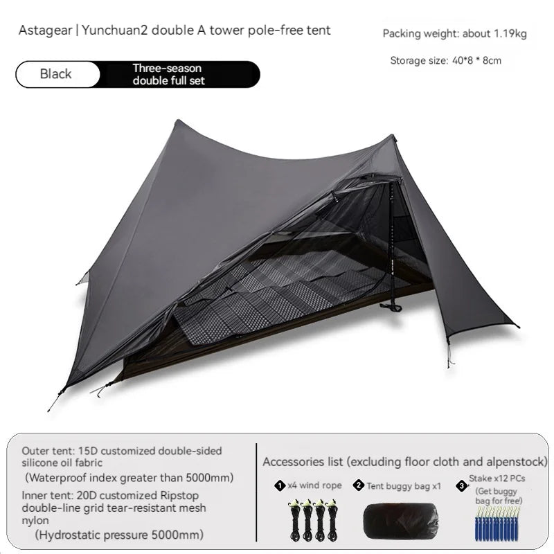 ASTA GEAR Yun Chuan 15D Nylon Ultralight Tent – Double-Sided Silicon-Coated, Rodless Pyramid Design for Camping & Hiking