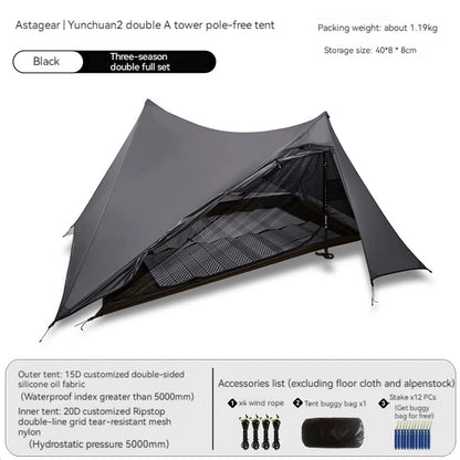 ASTA GEAR Yun Chuan 15D Nylon Ultralight Tent – Double-Sided Silicon-Coated, Rodless Pyramid Design for Camping & Hiking