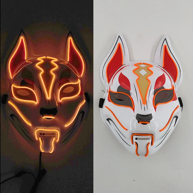 Glowing LED Fox Mask – Neon Japanese Anime-Inspired Samurai Cosplay Mask for Halloween, Christmas & Costume Parties