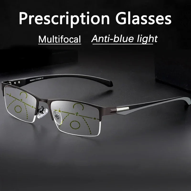 Progressive Multifocal Photochromic Reading Glasses – Anti-Blue Light Half Frame for Men with Presbyopia & Far Sight Protection