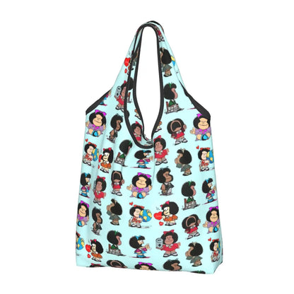 Anime Mafalda Cartoon Grocery Tote Bag – Large Capacity Fashion Shopper Shoulder Handbag, Portable Kawaii Canvas Bag for Everyday Use