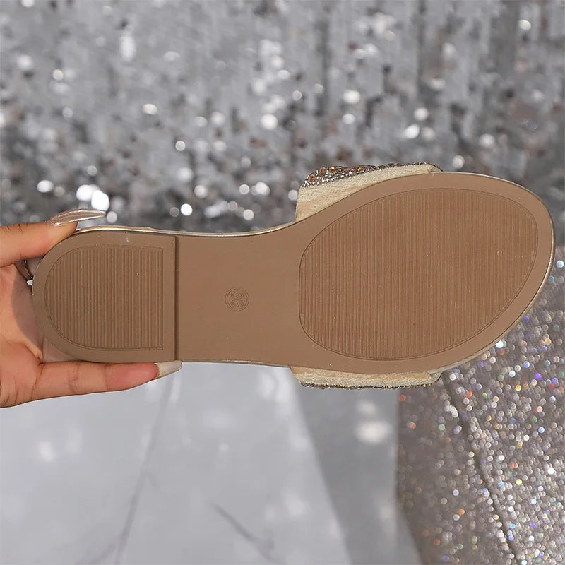 Women’s Silver Crystal Flat Slippers – Plus Size Comfortable Summer Beach Shoes