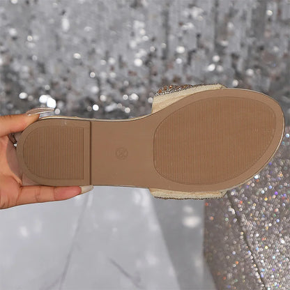 Women’s Silver Crystal Flat Slippers – Plus Size Comfortable Summer Beach Shoes