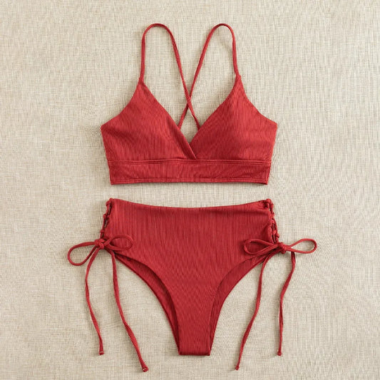 Cikini V-Neck Split Bikini Set – Sexy Lace-Up Triangular Solid Color Swimwear for Women