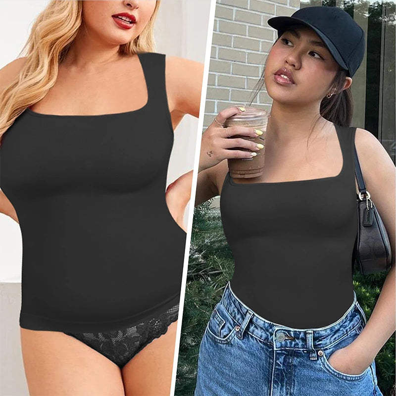 Women's Tummy Control Shapewear Tank Top - Seamless Square Neck Compression Cami (1 or 2 Pack)
