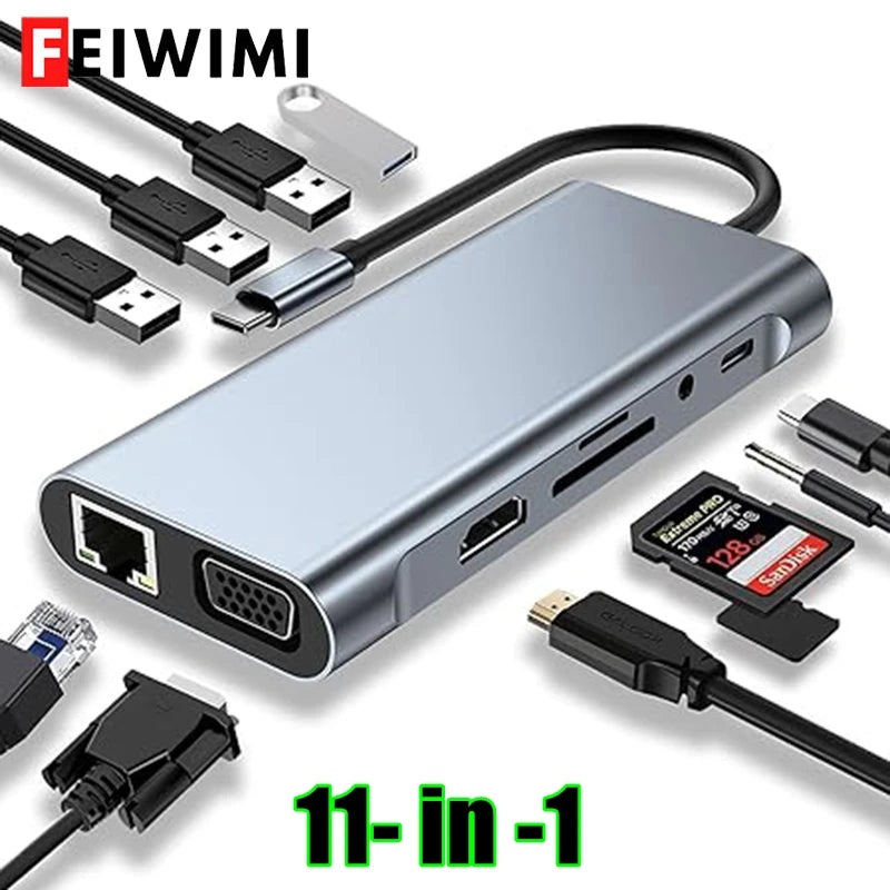 USB C Hub Adapter – 4K HDMI, VGA, PD, RJ45, SD/TF Card Reader for MacBook Pro/Air M1 & iPad