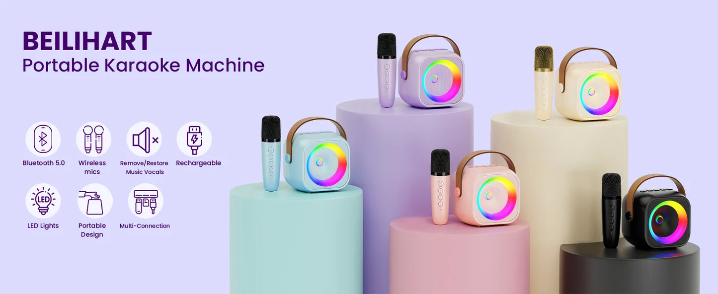 Haomuren Portable Karaoke Machine – Mini Bluetooth Speaker with 1-2 Wireless Microphones, Singing Toy for Kids & Family Party Gift