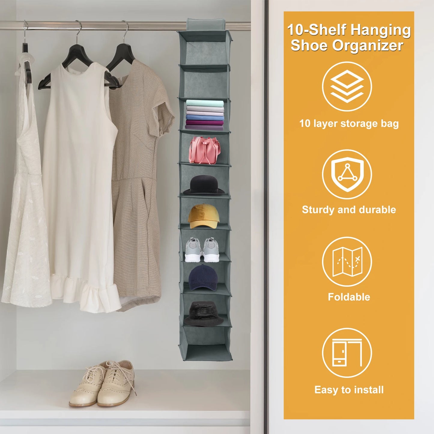 10-Shelf Hanging Shoe Organizer – Foldable Non-Woven Fabric Space-Saving Shoe Rack Multipurpose Storage