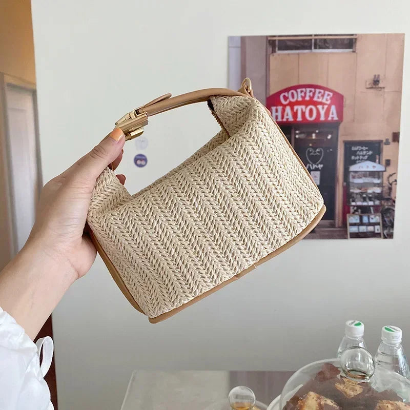 Summer Small Straw Handbag — Trendy Woven Bucket Crossbody Shoulder Bag, Casual Beach Tote for Girls