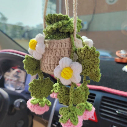 Cute Crochet Potted Plants Car Basket – Hanging Car Decor & Rear View Mirror Ornament Accessories