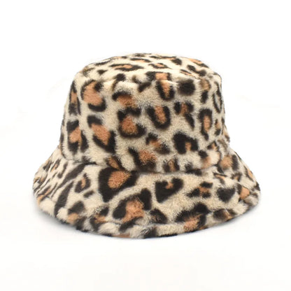 Women’s Winter Bucket Hat – Fashion Leopard Panama, Warm Vintage Faux Fur Fisherman Cap