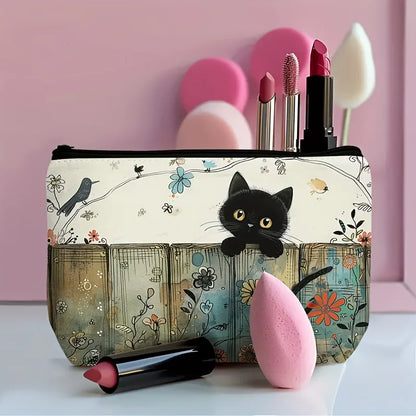 Black Cat Floral Zipper Pouch - Vibrant Fade-Resistant Cosmetic Bag for Cat Lovers