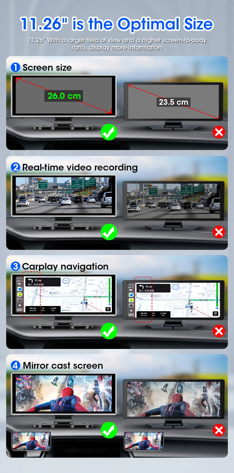 11.26-Inch 4K Dash Cam – Wireless CarPlay & Android Auto, Dual Lens DVR, Bluetooth Audio, GPS Navigation Video Recorder