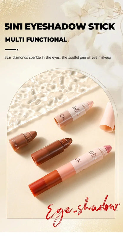 5-in-1 Eyeshadow Pencil Kit – Velvet Matte, Pigment, Shimmer & Highlight Makeup Combination in Pink & Brown Mini Eye Shadow Pen