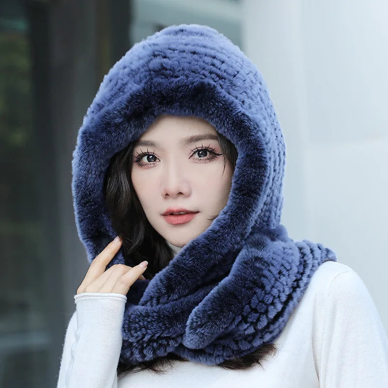 2025 Women’s Knitted Rex Rabbit Fur Hat – Hooded Scarf with Neck Collar, Long Winter Warm Fur Hat & Scarf Set