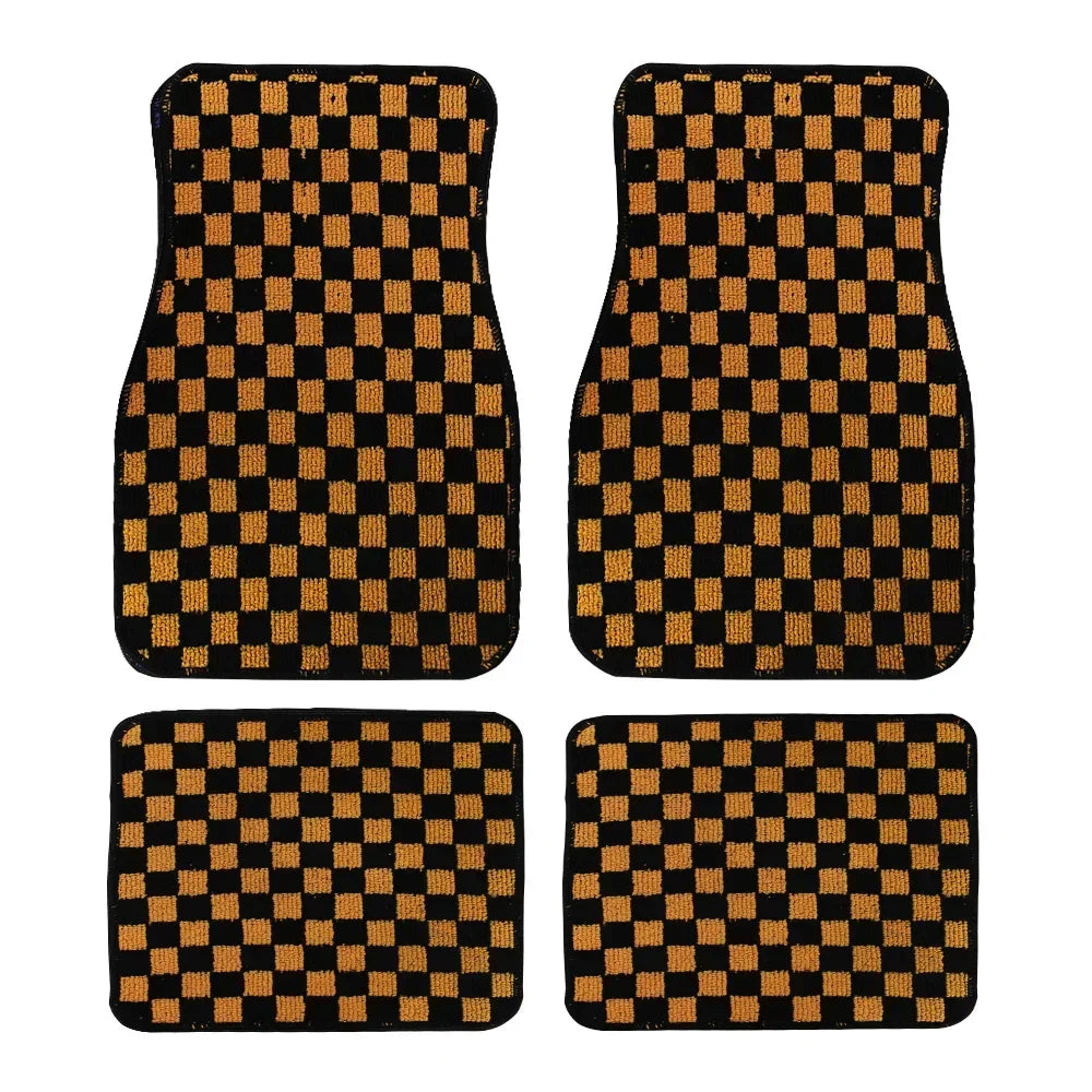 4PCS Universal Checkered Car Floor Mats - Anti-Slip Front & Rear Checkerboard Auto Carpet Foot Mats