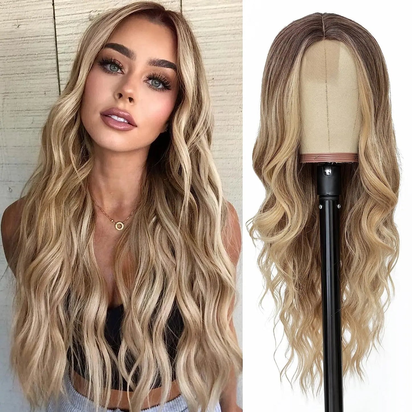 26-Inch Synthetic Ombre Blonde Wavy Wig for Women — Long Middle Part Curly, Heat-Resistant Natural-Look Hair