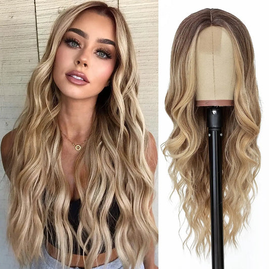 26-Inch Synthetic Ombre Blonde Wavy Wig for Women — Long Middle Part Curly Heat-Resistant Hair Fiber