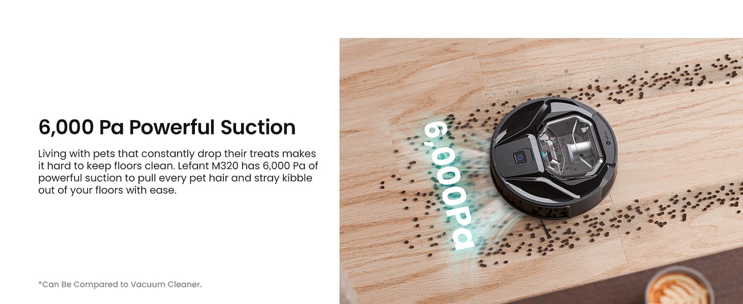 Lefant M320 Robot Vacuum Cleaner with Mop – 6000Pa Suction, 210 Min Runtime, 800ML Dustbin, Carpet Detection