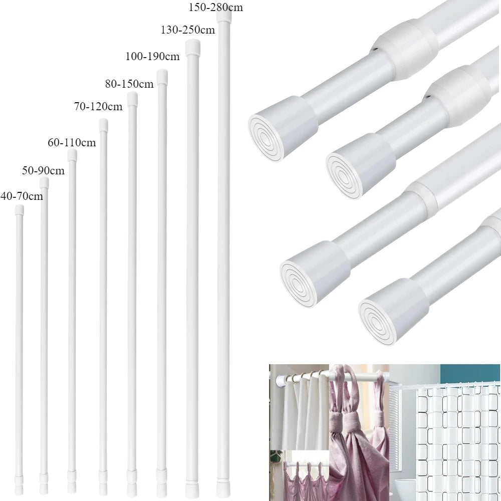 Adjustable Spring Tension Curtain Rods – Durable Extendable Telescopic Poles for Bathroom, Kitchen & Cupboard, No-Drill Installation