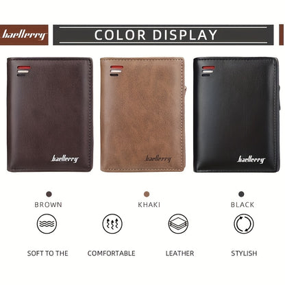 Men’s PU Leather Short Wallet – Vintage Zipper Coin Pocket, Large Capacity Money & Card Holder