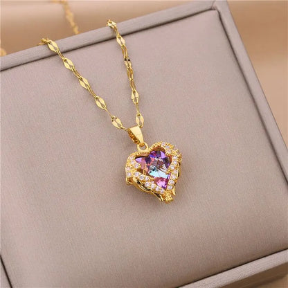 Top Luxury Colorful Crystal Ocean Heart Pendant Necklace – Trendy 316L Stainless Steel Jewelry for Women, Wedding Neck Chain