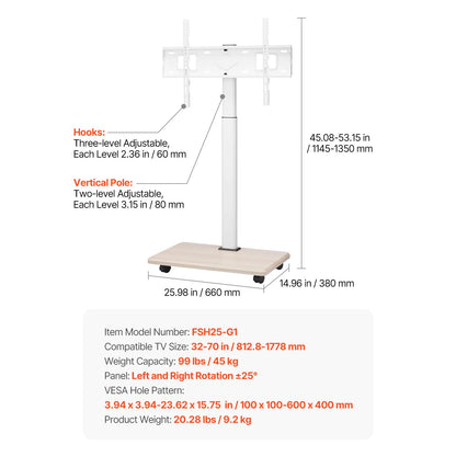 SucceBuy Mobile Rolling TV Stand Cart with Wheels for Multiple TV Sizes – Portable Adjustable TV Mount for Living Room, Bedroom & Office