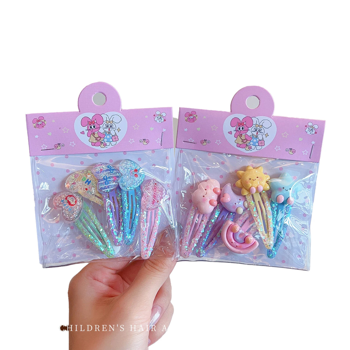 5-Piece Glitter Cartoon Hair Clip Set - Cute Sequin Star and Rabbit BB Clips for Baby Girls and Toddlers