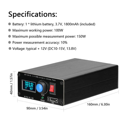ATU-100-0A Mini Automatic Antenna Tuner – 1.8-55MHz with OLED Display, Aluminum Alloy Case, 1500mAh Battery