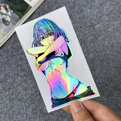 JDM Anime Girl Holographic Stickers - Rainbow Vinyl Decals for Car Windows, Motorcycles, Helmets, and Windshields