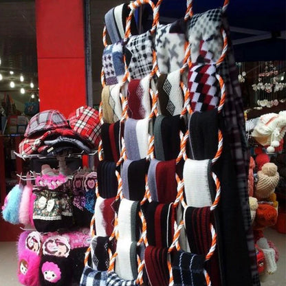 28-Hole Foldable Scarf Organizer - Rattan Weave Tie, Belt, and Shawl Hanger, Wardrobe Storage Display Rack