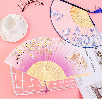 Bamboo Folding Fan with Silk — Chinese & Japanese Style Handheld Fan, Antique Art Craft for Summer Dance, Home Decor & Party