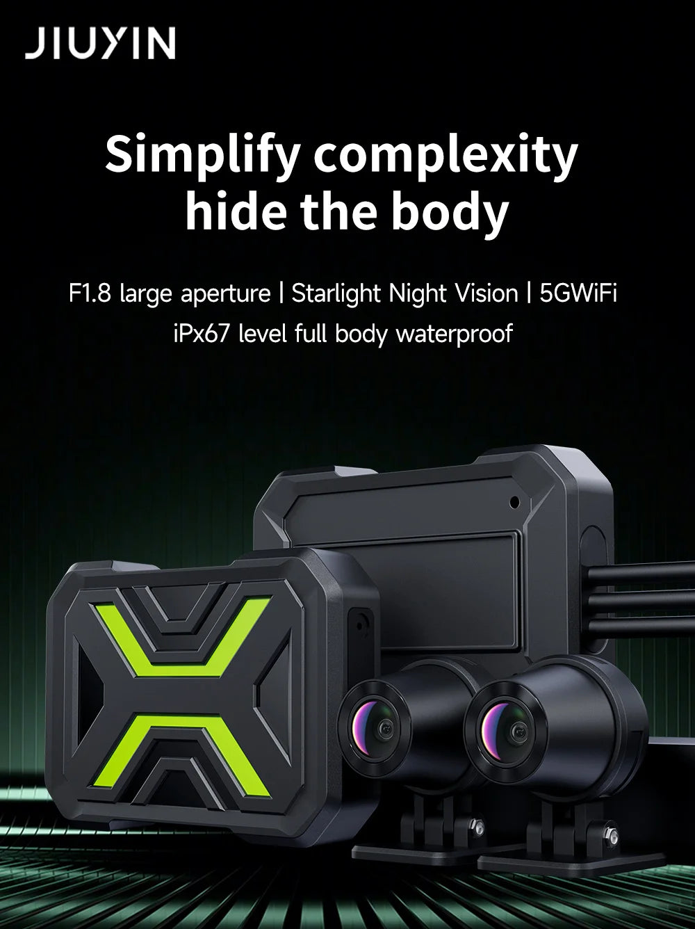 JIUYIN Dual Motorcycle Action Camera – 1080P Front & Rear DVR, Waterproof Dash Cam with WiFi