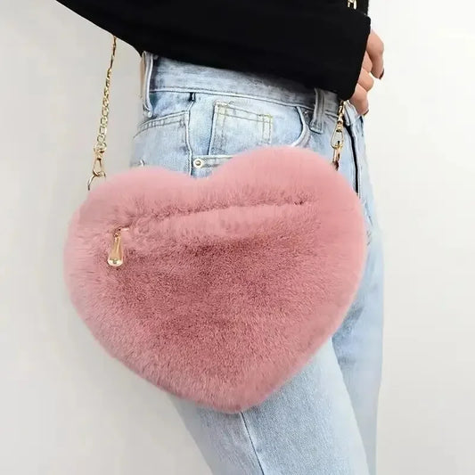 Heart-Shaped Fluffy Shoulder Bag – Fashion Chain Crossbody Plush Handbag & Cute Zipper Purse for Valentine's Day