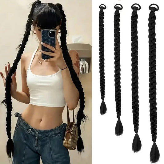 Women’s Long Box Braid Ponytail Extension - Synthetic Straight Braided Hairpiece with Clip-In Elastic Band for Daily Style