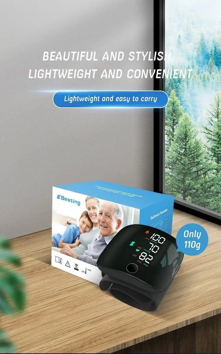 LED Rechargeable Wrist Blood Pressure Monitor – English, Russian, Portuguese, Spanish Voice Broadcast Tonometer