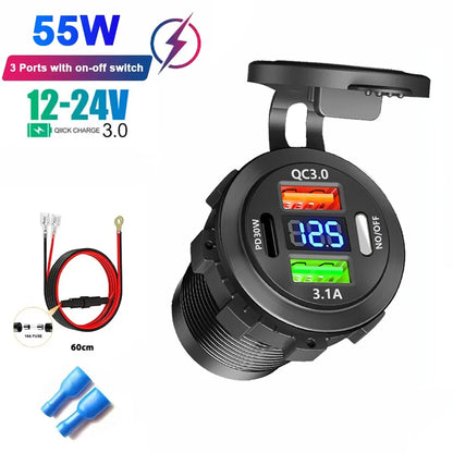 Car USB Fast Charger PD3.0 QC3.0 12/24V Socket with Voltmeter & On/Off Switch, Motorcycle Boat Auto Charging Adapter Accessory