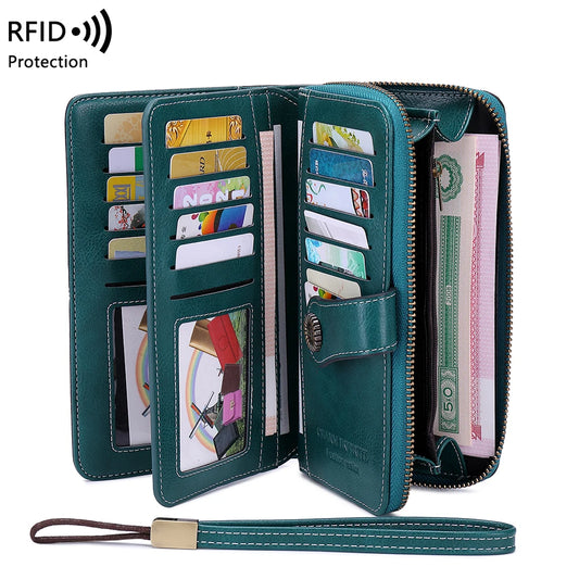 RFID Anti-Theft Retro Large Capacity Women's Wallet – Multi-Card Zipper Wallet with Wrist Strap