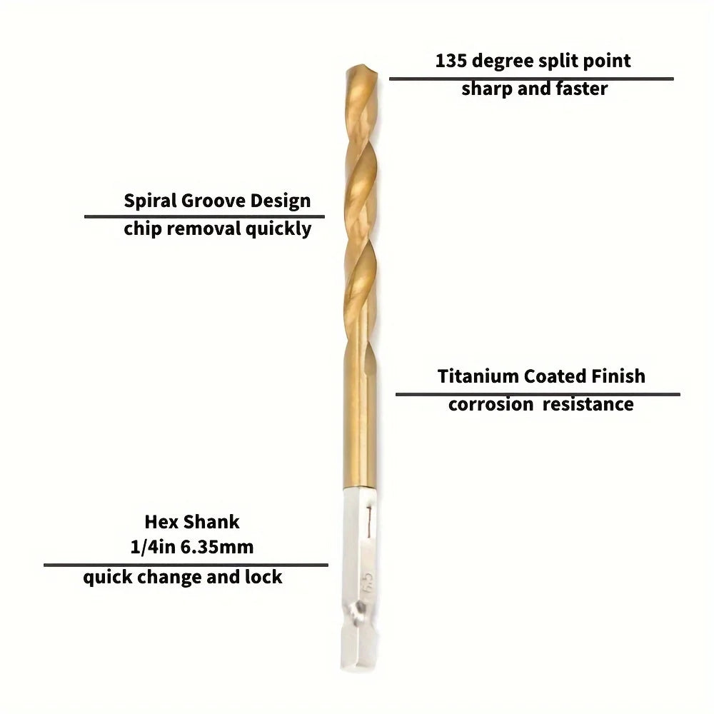 Hexagonal Handle 13-Piece Titanium Twist Drill Bit Set, 1.5-6.5mm Electric Drill and Screwdriver Reaming Tool