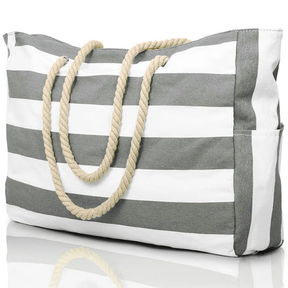 Striped Waterproof Canvas Beach Bag – Zippered Foldable Tote for Outdoor Travel and Vacation, Sand-Resistant Design