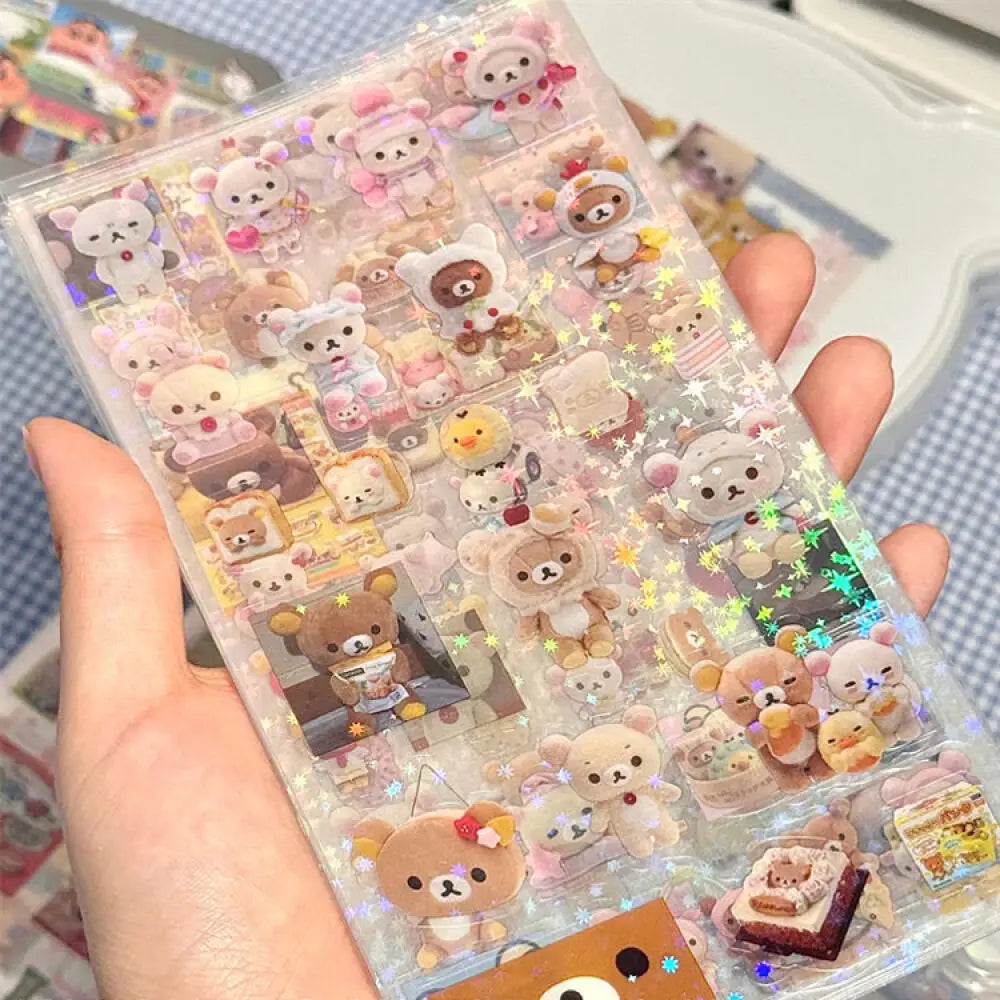5pcs Hello Kitty Rilakkuma Cartoon Die-Cut Stickers, Cute Kitty Cat Flashing Laser Stickers, Anime Handbooks Material Stickers