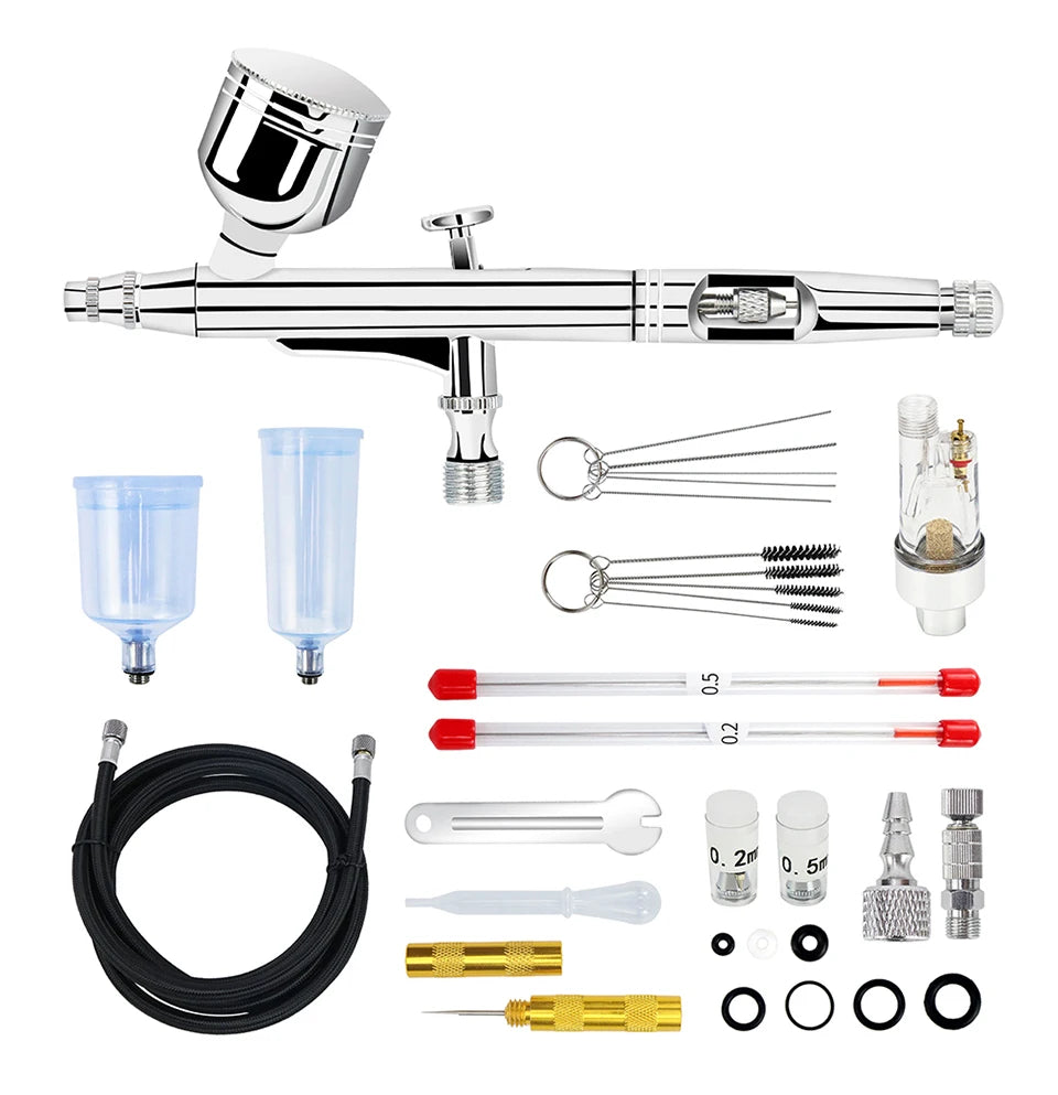 Dual-Action Gravity Airbrush Kit with 0.2/0.3/0.5mm Needles, 7/20/40cc Cups & Cleaning Tools for Makeup, Nail Art, Painting & Car Detailing